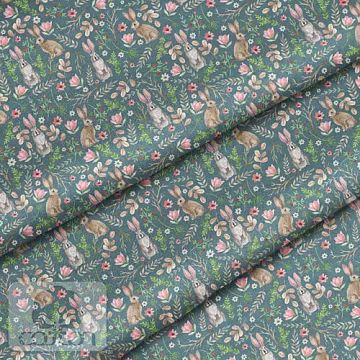 Отрез ткани 79х50 см "Зайцы с веточками на зеленом" (Cotton)