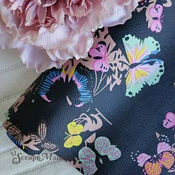 Отрез экокожи 30х69 см "Разноцветные бабочки на черном" (Pty Китай)