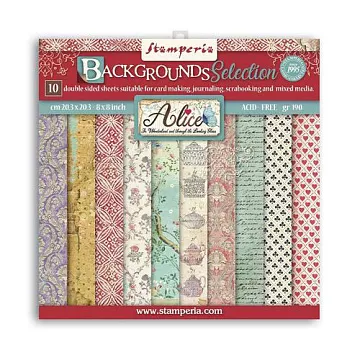 Набор бумаги 20х20 см "Alice Backgrounds Selection. Фоновый", 10 листов (Stamperia)