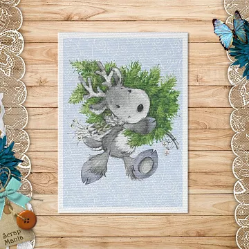 Тканевая карточка "Волшебный снегопад. Олененок с елкой" (ScrapMania)